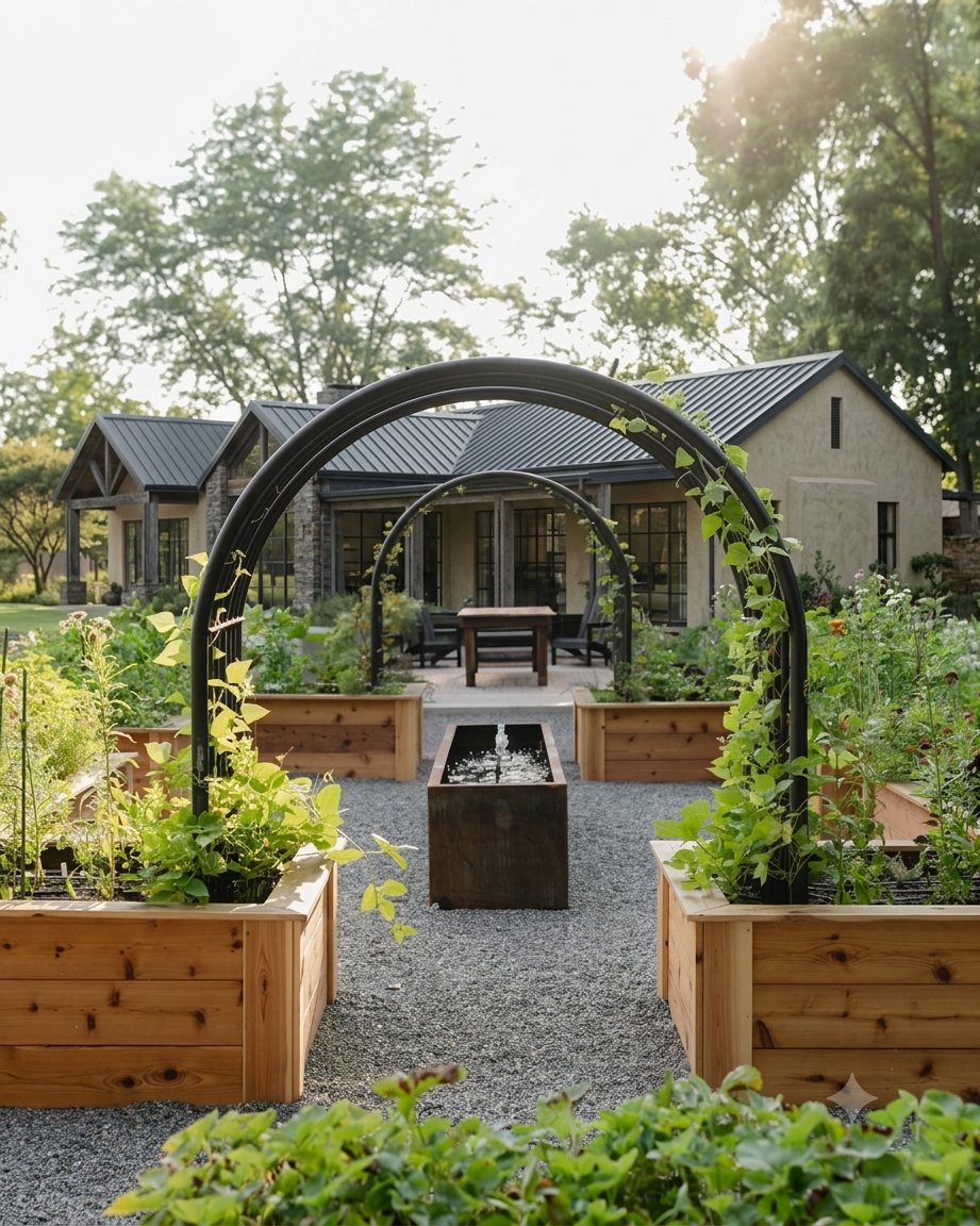 Formal edible garden with metal arches, stone paths and water feature